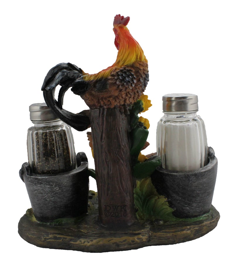 DWK Country Farm Rooster Tabletop Salt and Pepper Set | Decorative Farmer Gifts and Decor | Rooster Hen and Chicks Sculptures and Statues - Image 2